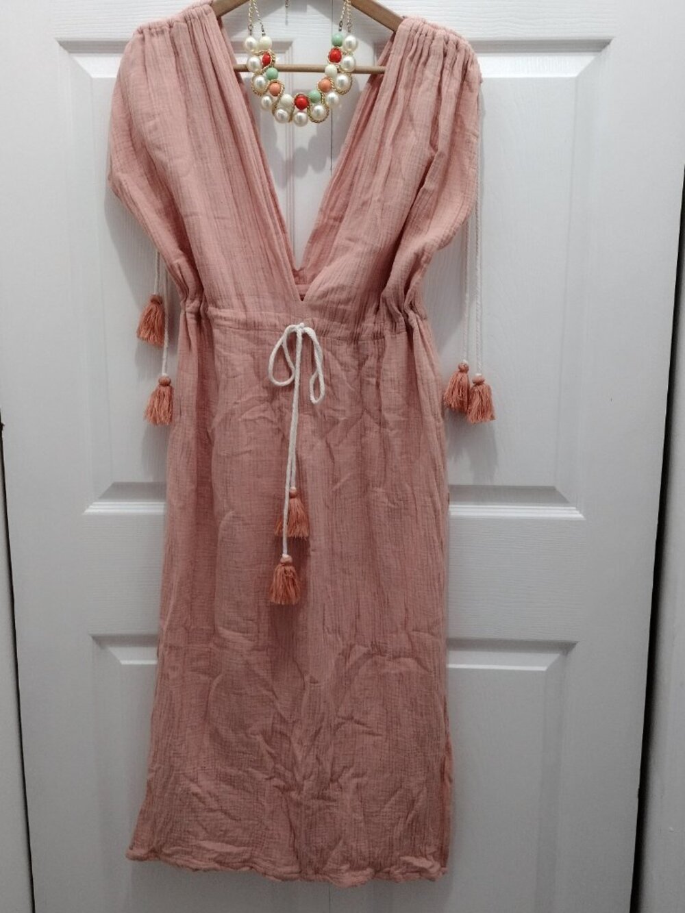 Boho Beach Cover Up Dress Peach Coral Tassel Gauze Sleeveless Resort Maxi XL 1X - Picture 4 of 7